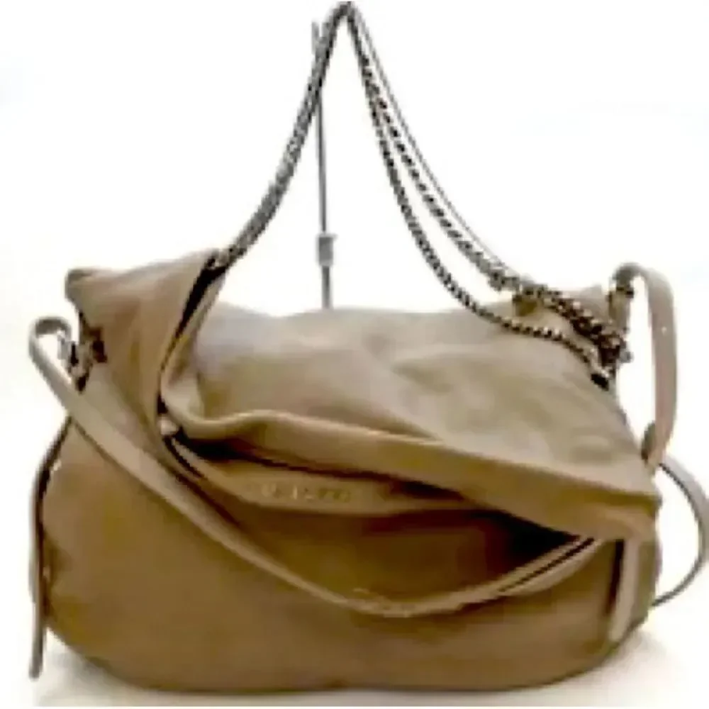 Auth Jimmy Choo Taupe Biker Chain Relaxed Hobo Bag. Excellent Preloved Satchel.